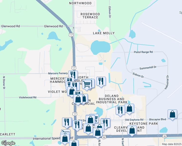 map of restaurants, bars, coffee shops, grocery stores, and more near 204 Mohawk Avenue in DeLand