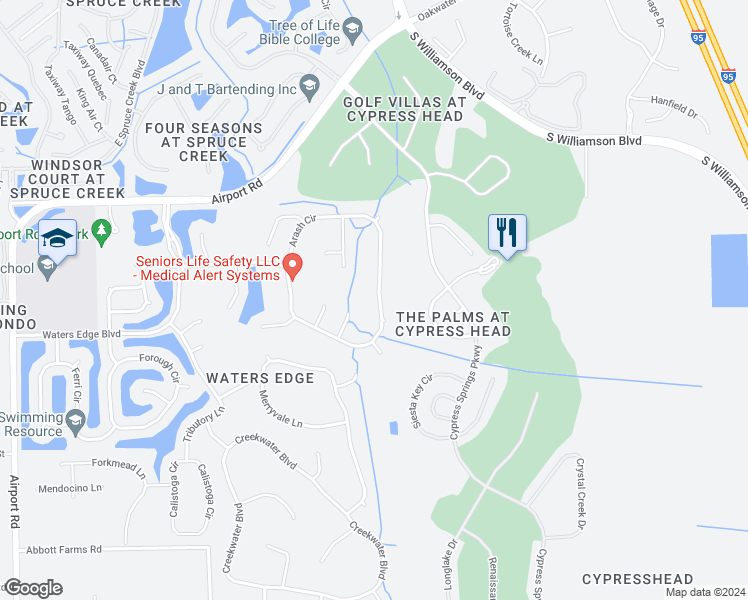 map of restaurants, bars, coffee shops, grocery stores, and more near 1730 Arash Circle in Port Orange