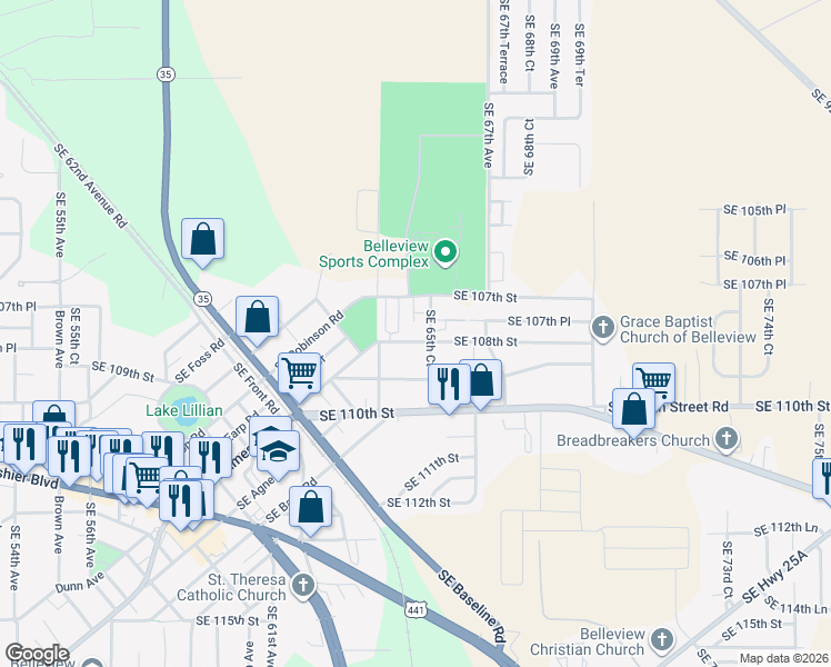 map of restaurants, bars, coffee shops, grocery stores, and more near 6407 SE 108th St in Belleview