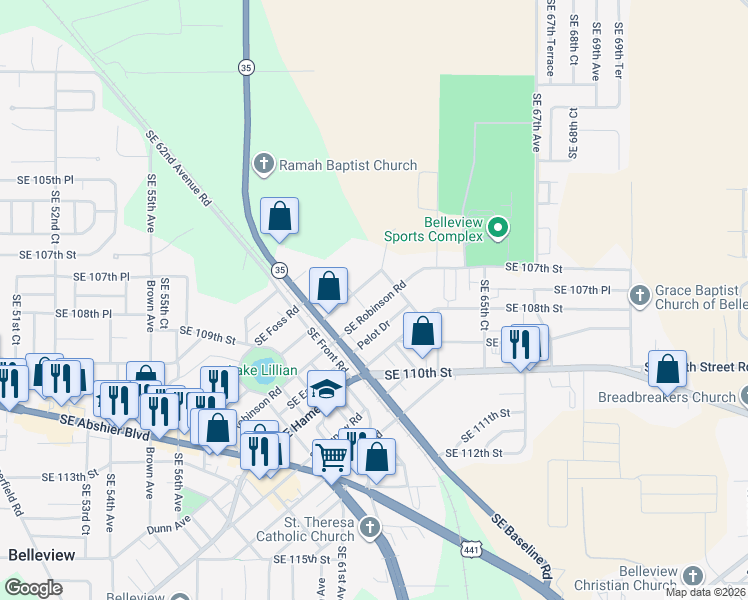 map of restaurants, bars, coffee shops, grocery stores, and more near 6121 Southeast Stetson Road in Belleview