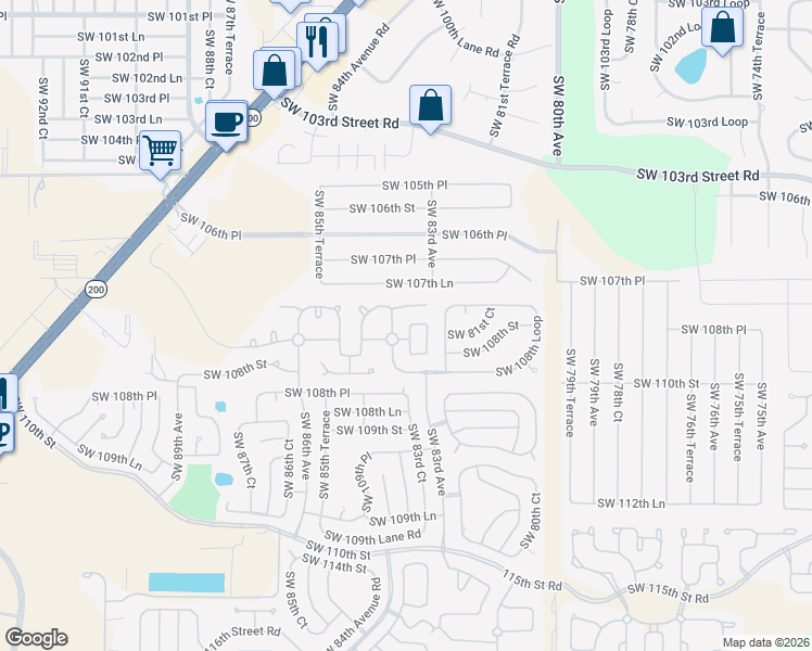 map of restaurants, bars, coffee shops, grocery stores, and more near 8351 Southwest 108th Place Road in Ocala