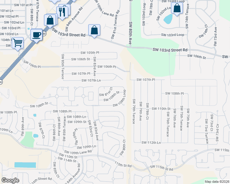 map of restaurants, bars, coffee shops, grocery stores, and more near 8152 Southwest 108th Loop in Ocala
