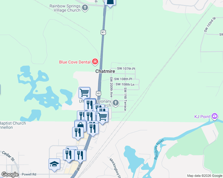 map of restaurants, bars, coffee shops, grocery stores, and more near 19991 Southwest 108th Lane in Dunnellon