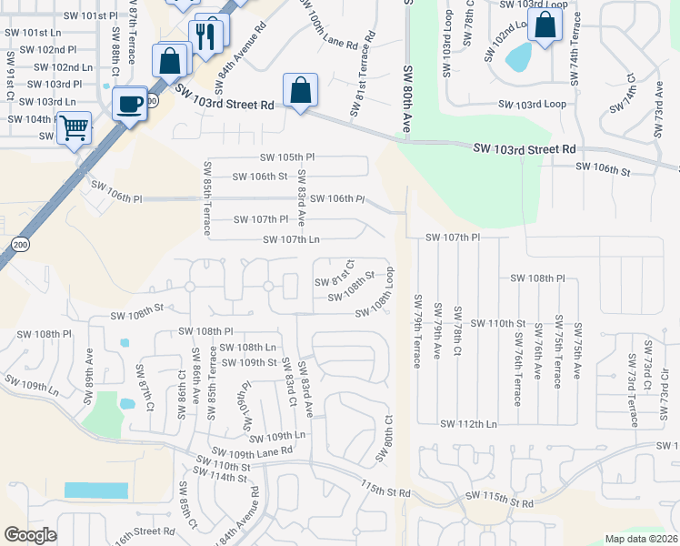map of restaurants, bars, coffee shops, grocery stores, and more near 10801 Southwest 82nd Avenue in Ocala