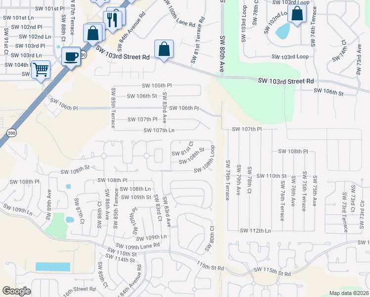 map of restaurants, bars, coffee shops, grocery stores, and more near 10801 Southwest 82nd Avenue in Ocala