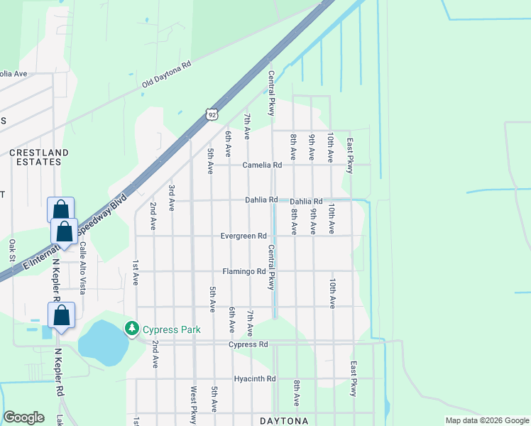 map of restaurants, bars, coffee shops, grocery stores, and more near 2056 Central Parkway in DeLand