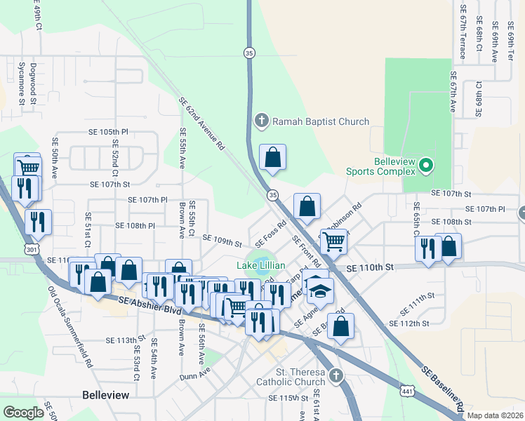 map of restaurants, bars, coffee shops, grocery stores, and more near 5849 Southeast Drew Road in Belleview
