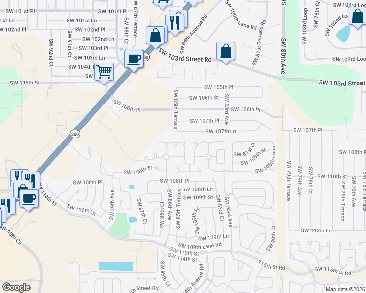 map of restaurants, bars, coffee shops, grocery stores, and more near 8570 Southwest 108th Place Road in Ocala