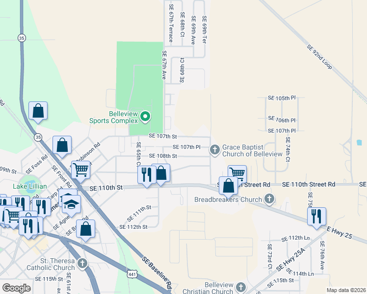 map of restaurants, bars, coffee shops, grocery stores, and more near 6830 Southeast 107th Street in Belleview