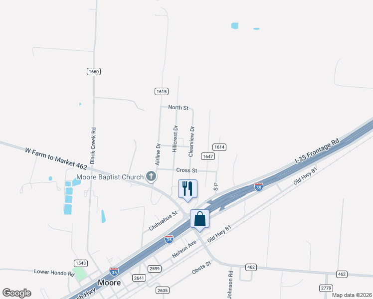 map of restaurants, bars, coffee shops, grocery stores, and more near 240 County Road 1643 in Moore