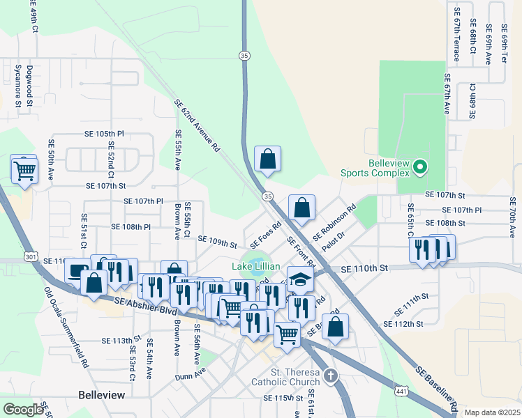 map of restaurants, bars, coffee shops, grocery stores, and more near 5849 Southeast Drew Road in Belleview