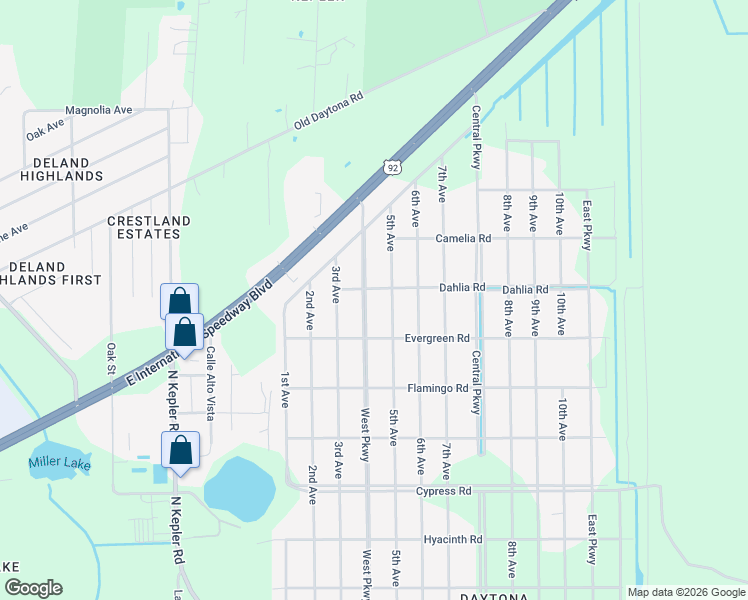 map of restaurants, bars, coffee shops, grocery stores, and more near 2080 West Parkway in DeLand