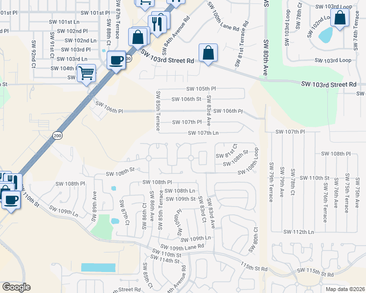 map of restaurants, bars, coffee shops, grocery stores, and more near 8463 Southwest 108th Place Road in Ocala