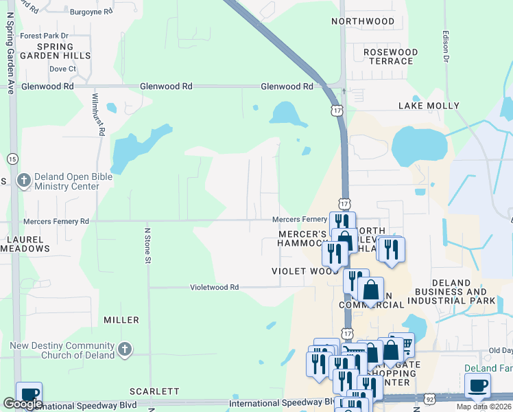 map of restaurants, bars, coffee shops, grocery stores, and more near 365 Mercers Fernery Road in DeLand
