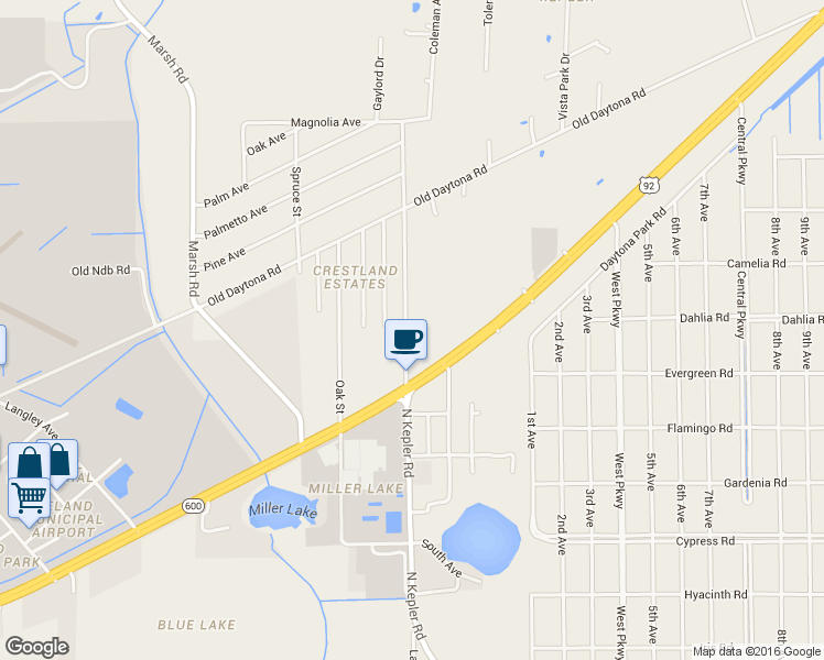 map of restaurants, bars, coffee shops, grocery stores, and more near 2119 North Kepler Road in DeLand