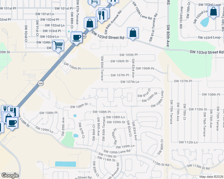 map of restaurants, bars, coffee shops, grocery stores, and more near 8463 Southwest 108th Place Road in Ocala