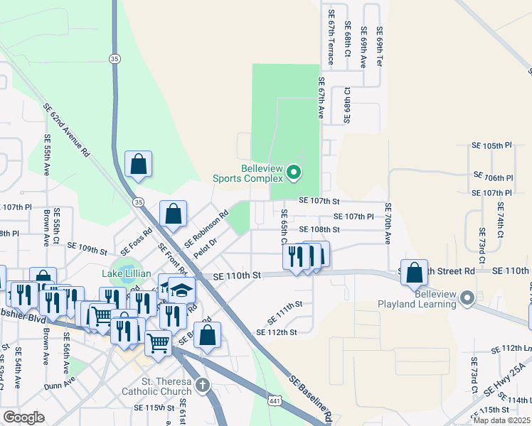 map of restaurants, bars, coffee shops, grocery stores, and more near 6407 SE 108th St in Belleview