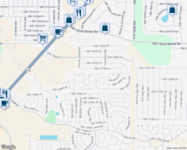 map of restaurants, bars, coffee shops, grocery stores, and more near 8351 Southwest 108th Place Road in Ocala