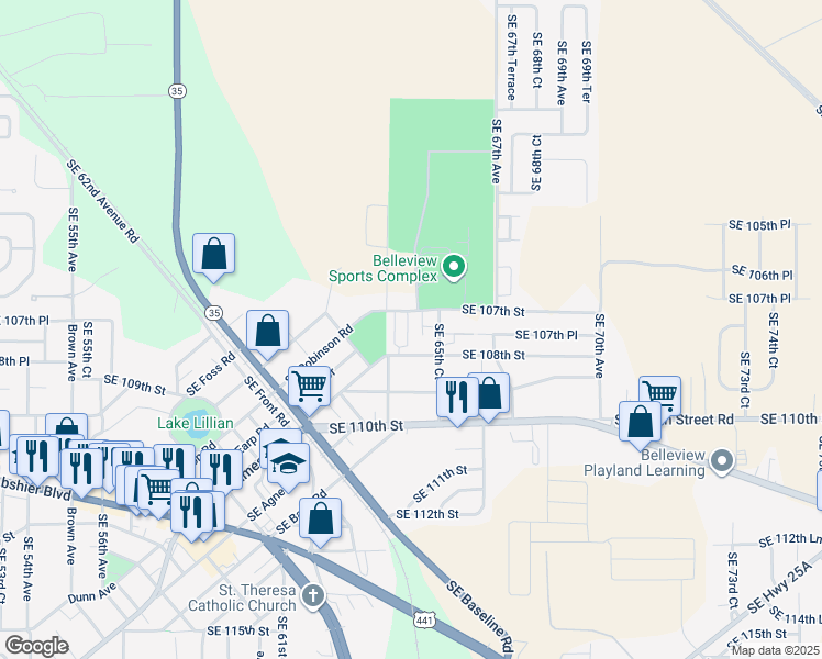 map of restaurants, bars, coffee shops, grocery stores, and more near 6407 Southeast 108th Street in Belleview