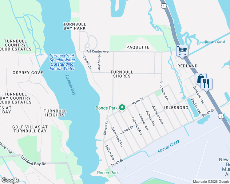 map of restaurants, bars, coffee shops, grocery stores, and more near 2803 Nordman Avenue in New Smyrna Beach