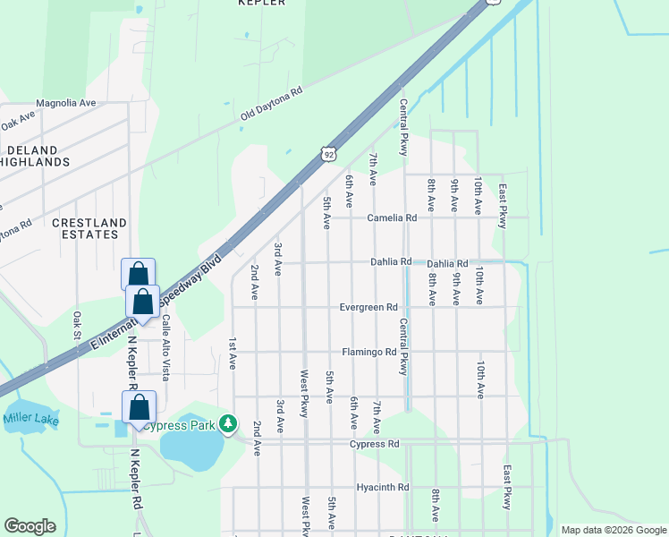 map of restaurants, bars, coffee shops, grocery stores, and more near 2510 Dahlia Road in DeLand