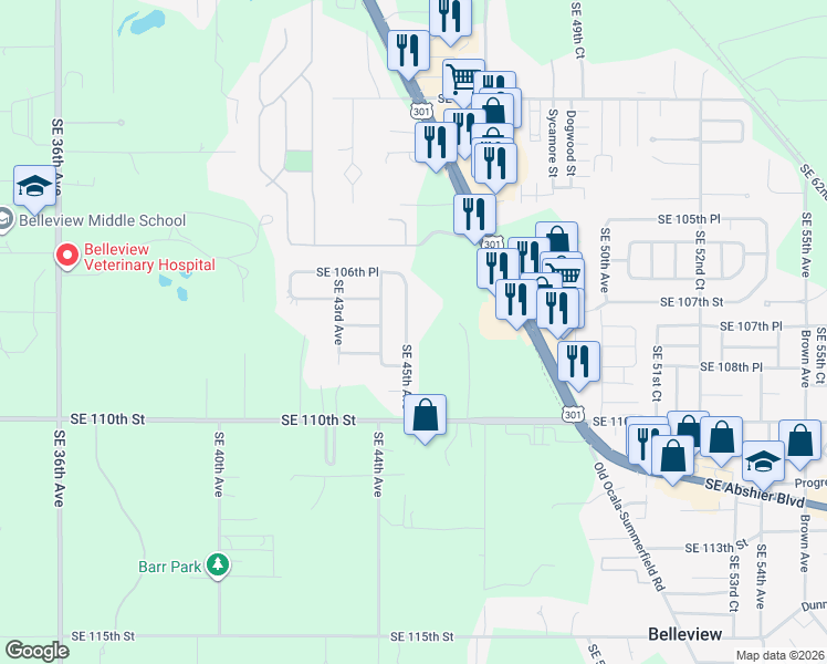 map of restaurants, bars, coffee shops, grocery stores, and more near 10823 Southeast 45th Avenue in Belleview
