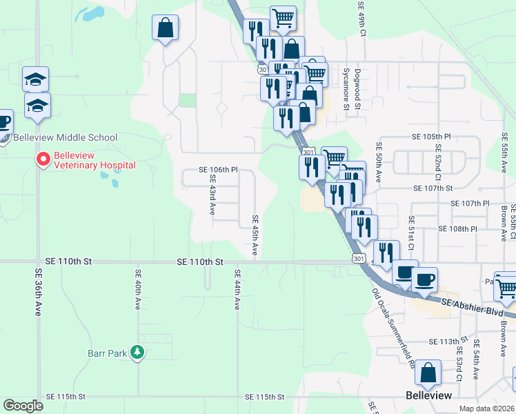 map of restaurants, bars, coffee shops, grocery stores, and more near 10823 Southeast 45th Avenue in Belleview