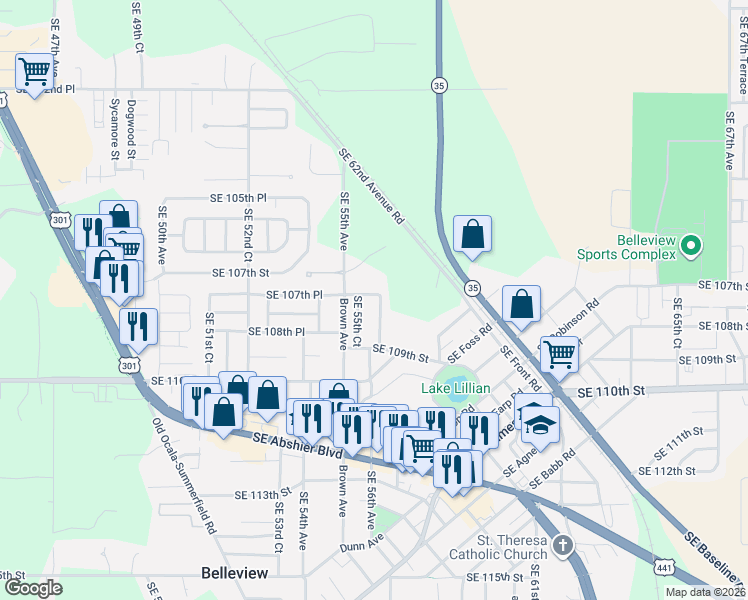 map of restaurants, bars, coffee shops, grocery stores, and more near 10742 Southeast 56th Court in Belleview