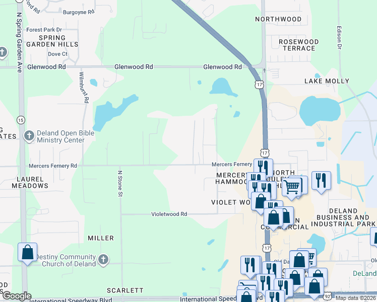 map of restaurants, bars, coffee shops, grocery stores, and more near 365 Mercers Fernery Road in DeLand