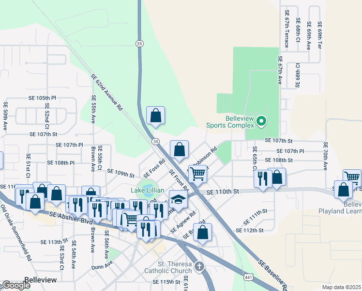 map of restaurants, bars, coffee shops, grocery stores, and more near 6107 Southeast Foss Road in Belleview