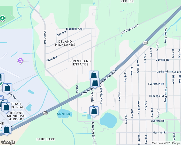 map of restaurants, bars, coffee shops, grocery stores, and more near 2119 North Kepler Road in DeLand