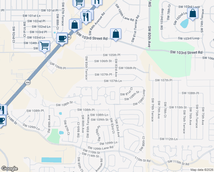 map of restaurants, bars, coffee shops, grocery stores, and more near 8351 Southwest 108th Place Road in Ocala