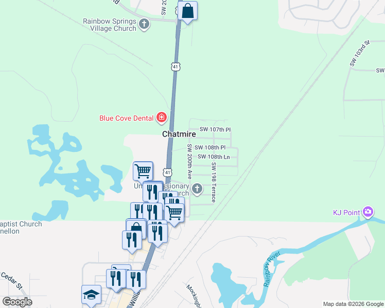 map of restaurants, bars, coffee shops, grocery stores, and more near 19991 Southwest 108th Lane in Dunnellon