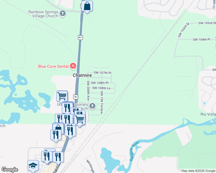 map of restaurants, bars, coffee shops, grocery stores, and more near 19821 Southwest 108th Lane in Dunnellon