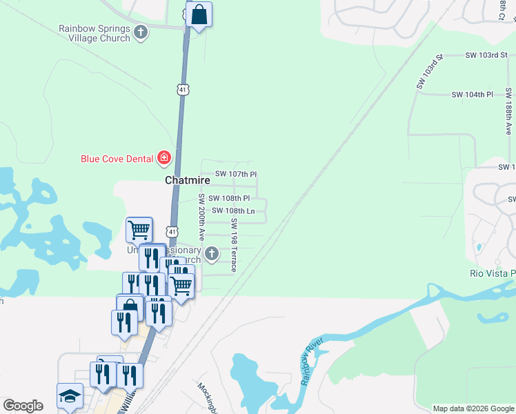 map of restaurants, bars, coffee shops, grocery stores, and more near 19821 Southwest 108th Lane in Dunnellon