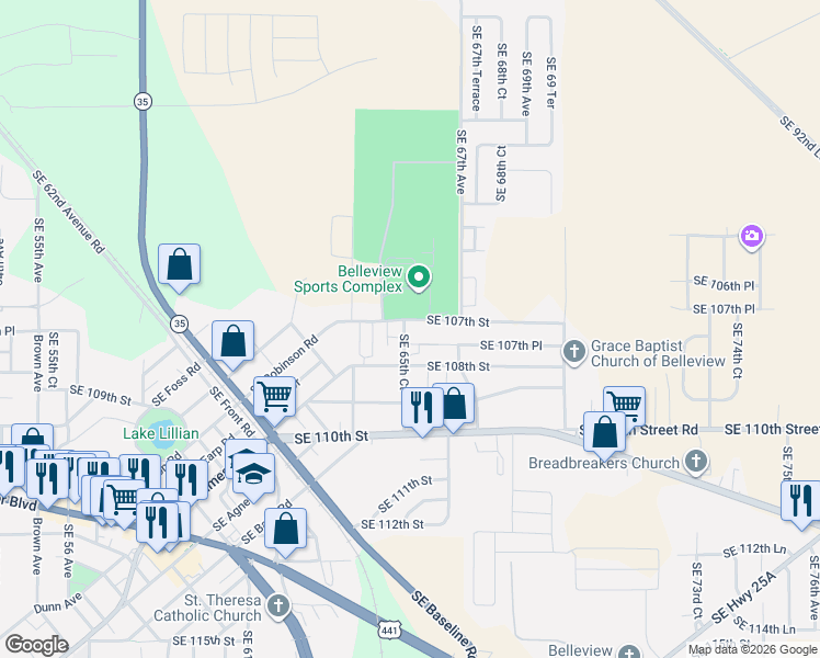 map of restaurants, bars, coffee shops, grocery stores, and more near 6556 Southeast 107th Street in Belleview