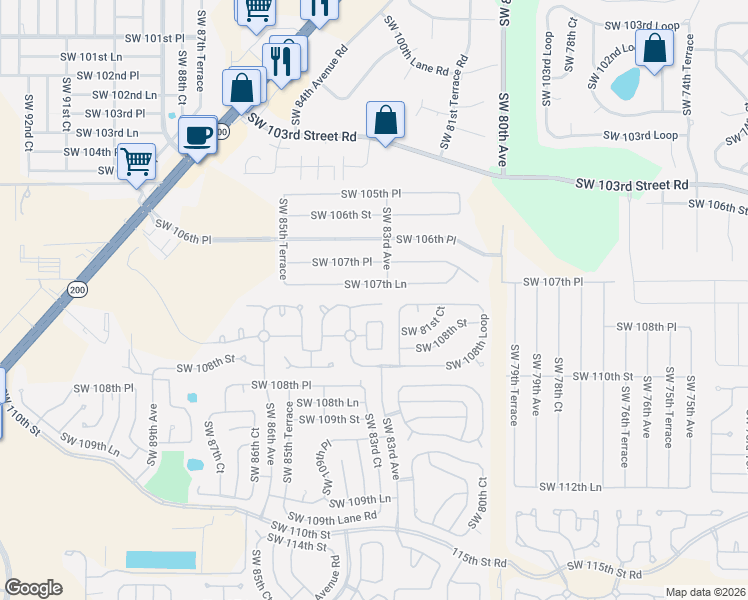 map of restaurants, bars, coffee shops, grocery stores, and more near 8290 Southwest 108th Place Road in Ocala
