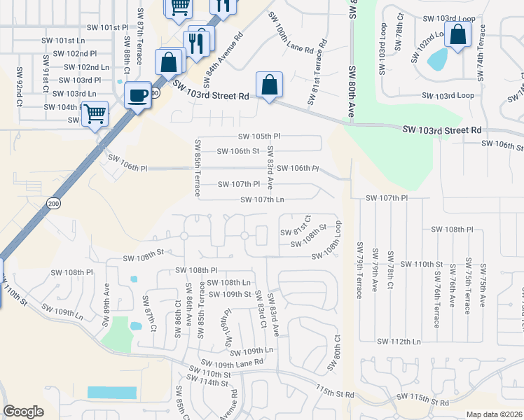 map of restaurants, bars, coffee shops, grocery stores, and more near 8290 Southwest 108th Place Road in Ocala
