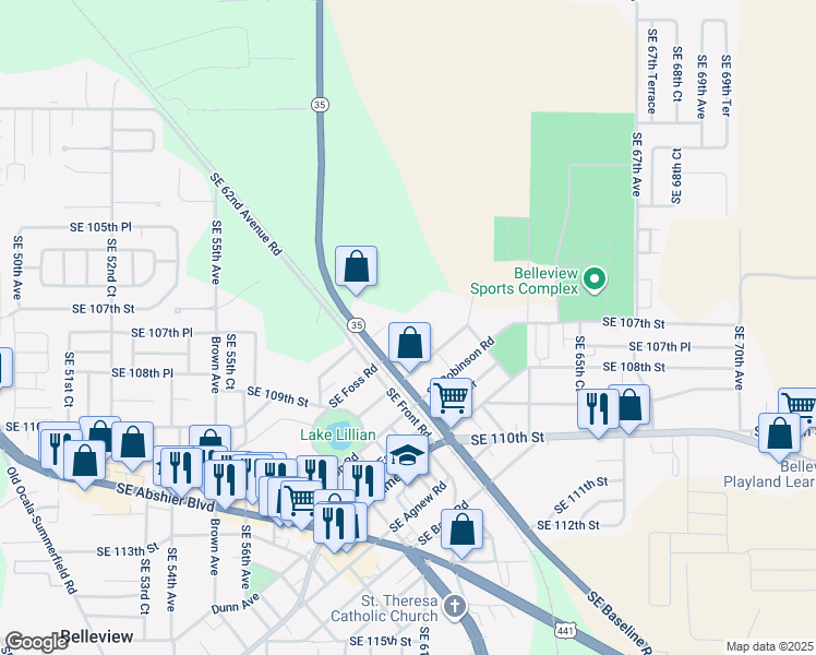 map of restaurants, bars, coffee shops, grocery stores, and more near 6039 Southeast Foss Road in Belleview