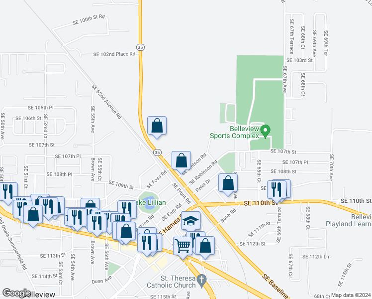 map of restaurants, bars, coffee shops, grocery stores, and more near 6039 Southeast Foss Road in Belleview