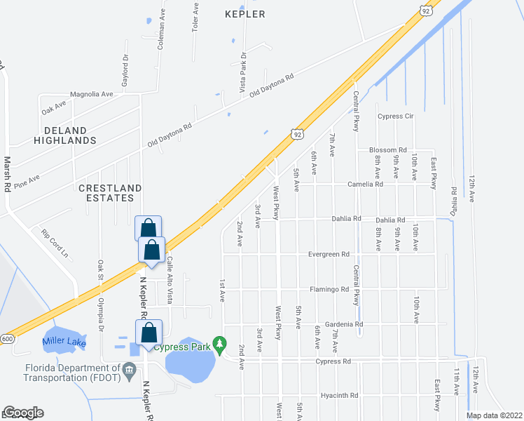 map of restaurants, bars, coffee shops, grocery stores, and more near 2123 3rd Avenue in DeLand