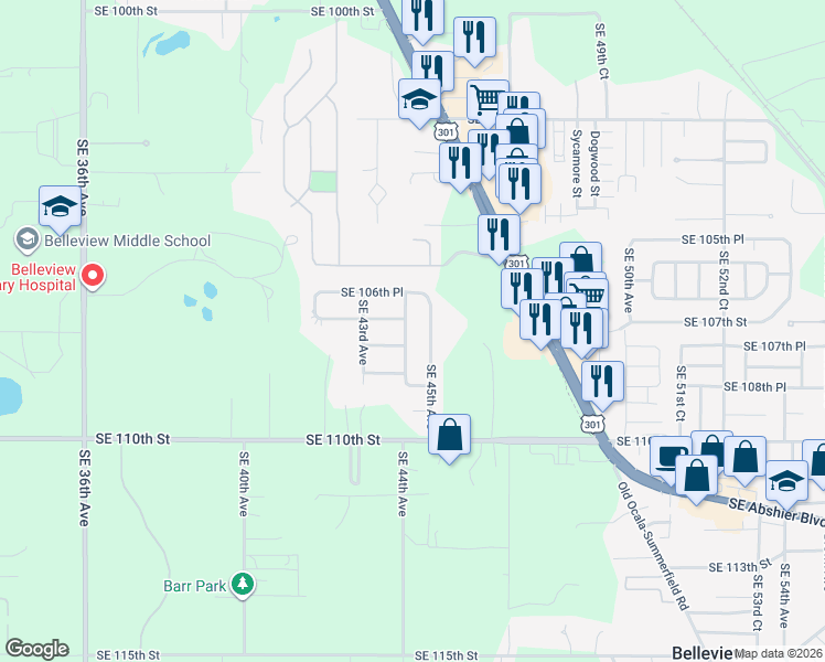 map of restaurants, bars, coffee shops, grocery stores, and more near 10763 Southeast 44th Terrace in Belleview