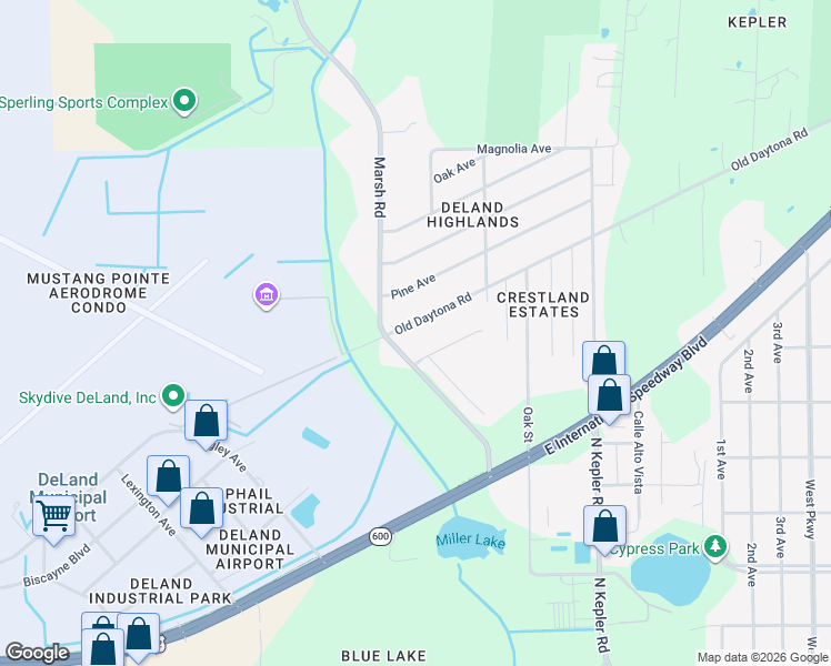 map of restaurants, bars, coffee shops, grocery stores, and more near 1823 Marsh Road in DeLand