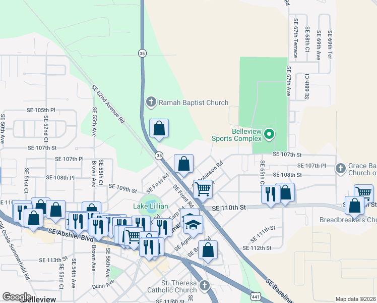 map of restaurants, bars, coffee shops, grocery stores, and more near 6101 Southeast Foss Road in Belleview