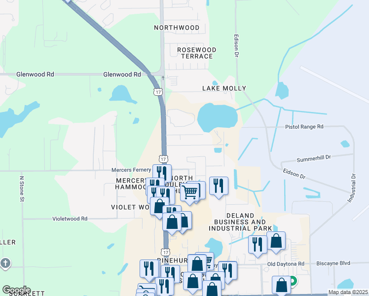 map of restaurants, bars, coffee shops, grocery stores, and more near 120 Anita Street in DeLand