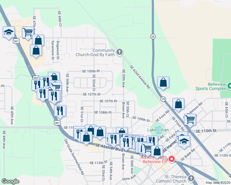 map of restaurants, bars, coffee shops, grocery stores, and more near 10647 Southeast 54th Avenue in Belleview