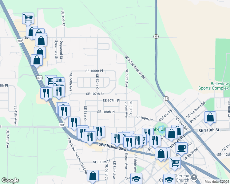 map of restaurants, bars, coffee shops, grocery stores, and more near 10647 Southeast 54th Avenue in Belleview