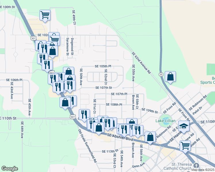 map of restaurants, bars, coffee shops, grocery stores, and more near 5224 Southeast 106th Lane in Belleview