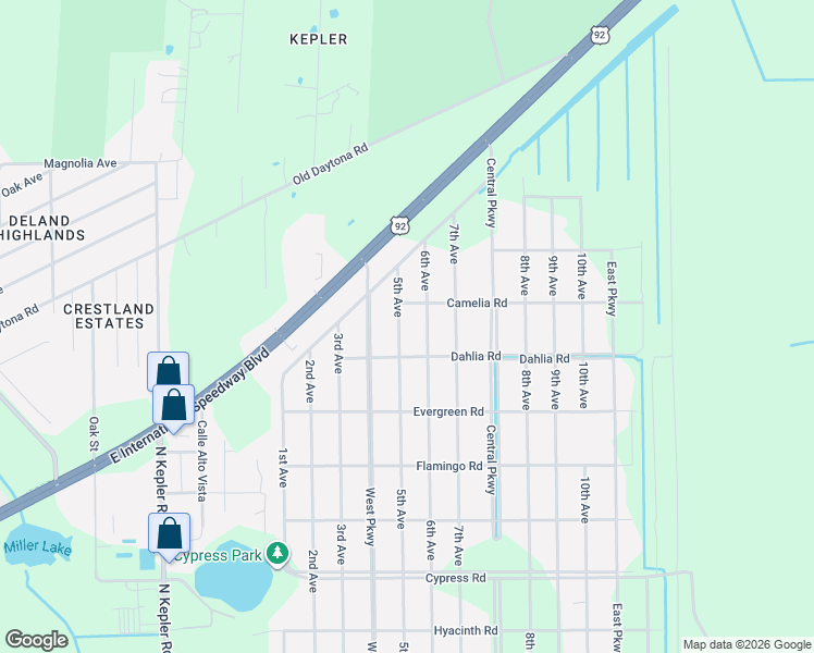 map of restaurants, bars, coffee shops, grocery stores, and more near 2155 5th Avenue in DeLand