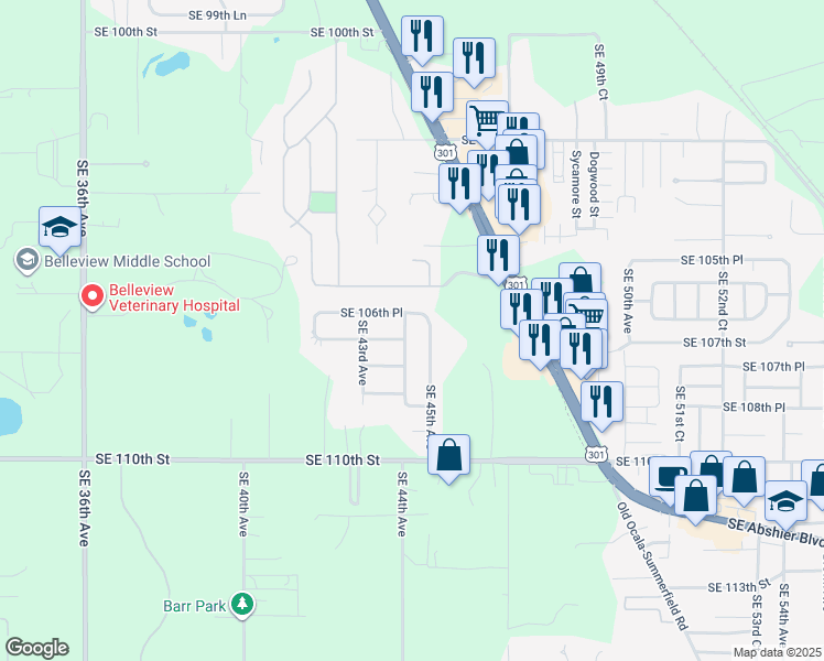 map of restaurants, bars, coffee shops, grocery stores, and more near 10739 Southeast 44th Terrace in Belleview